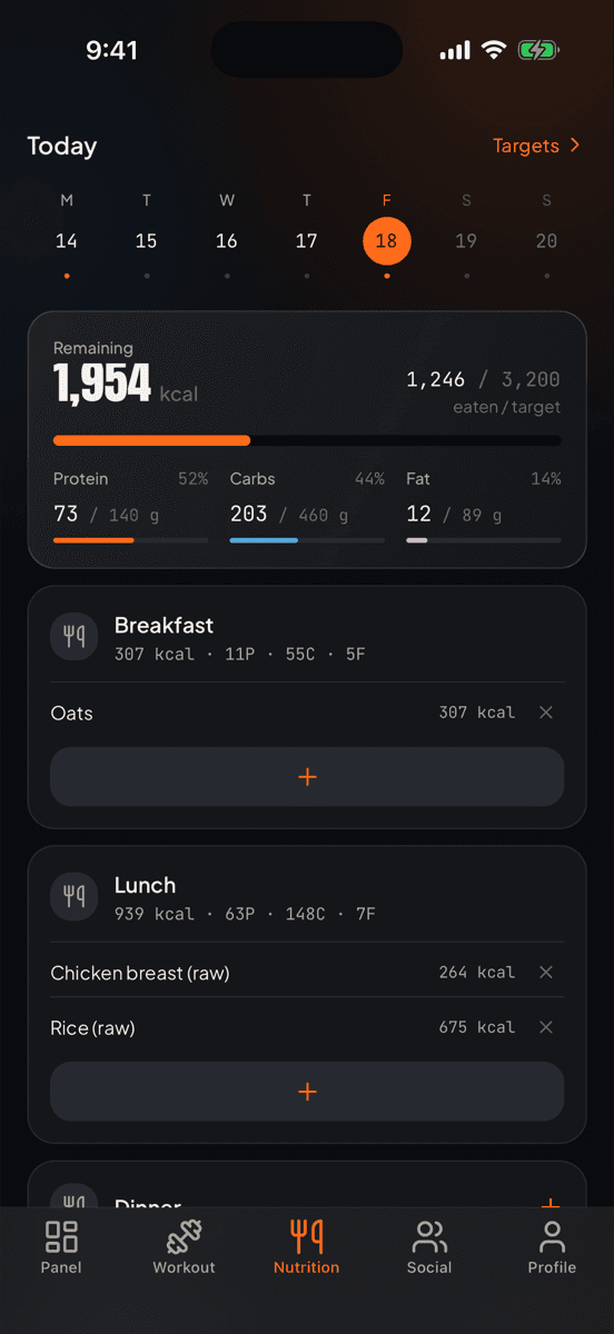 Forge's nutrition screen: calories remaining, protein, carb and fat bars, and food logged meal by meal
