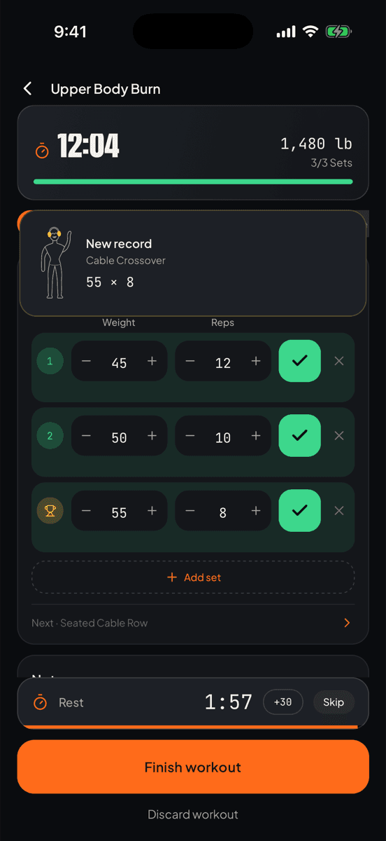 Forge's session screen: elapsed time, total volume, completed sets, a new record card and the rest timer